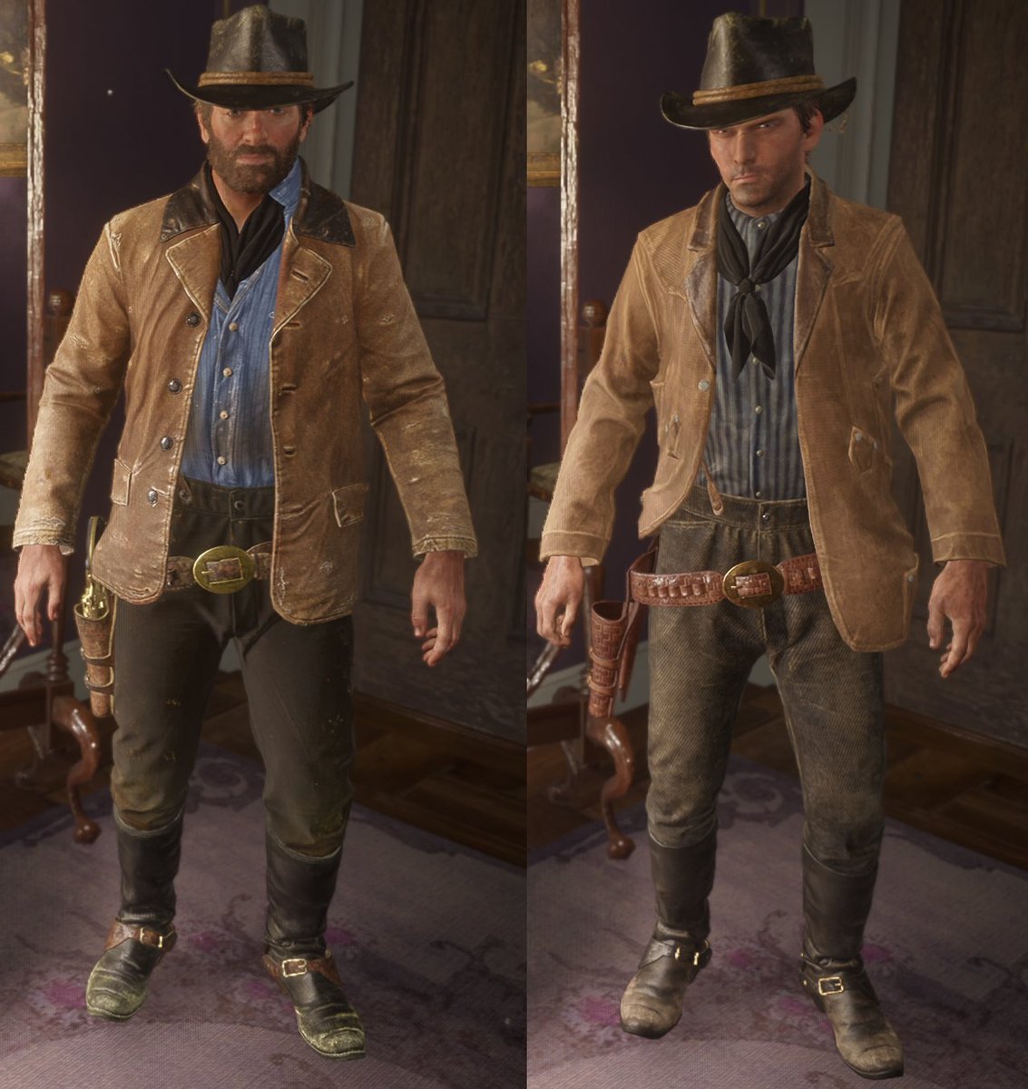 Enash97's tweet photo. Gracias a los desafíos del mes en RDO, si obtenemos el sombrero Clovelly, podremos intentar recrear el atuendo Leyenda del Este de RDR 2 gracias a que es el mismo sombrero, y con la camisa Clovelly, un mejor resultado al intentar recrear el atuendo de Arthur con chaqueta 🗿 https://t.co/gGpHo9O1Y6