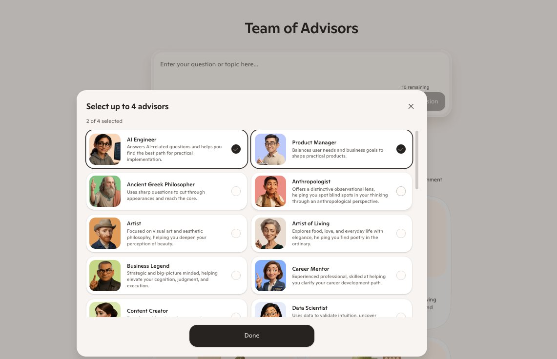 ChrisUniverse's tweet photo. Wow! There is a new 'Team of Advisors' feature on @MicrosoftAI Copilot

Originally, I thought it was like Model Council, but upon prompting, you get a live discussion between the 2-4 Advisors. 

They have almost 30 advisors to choose from! 🤯😲 https://t.co/s1s1g8joMq
