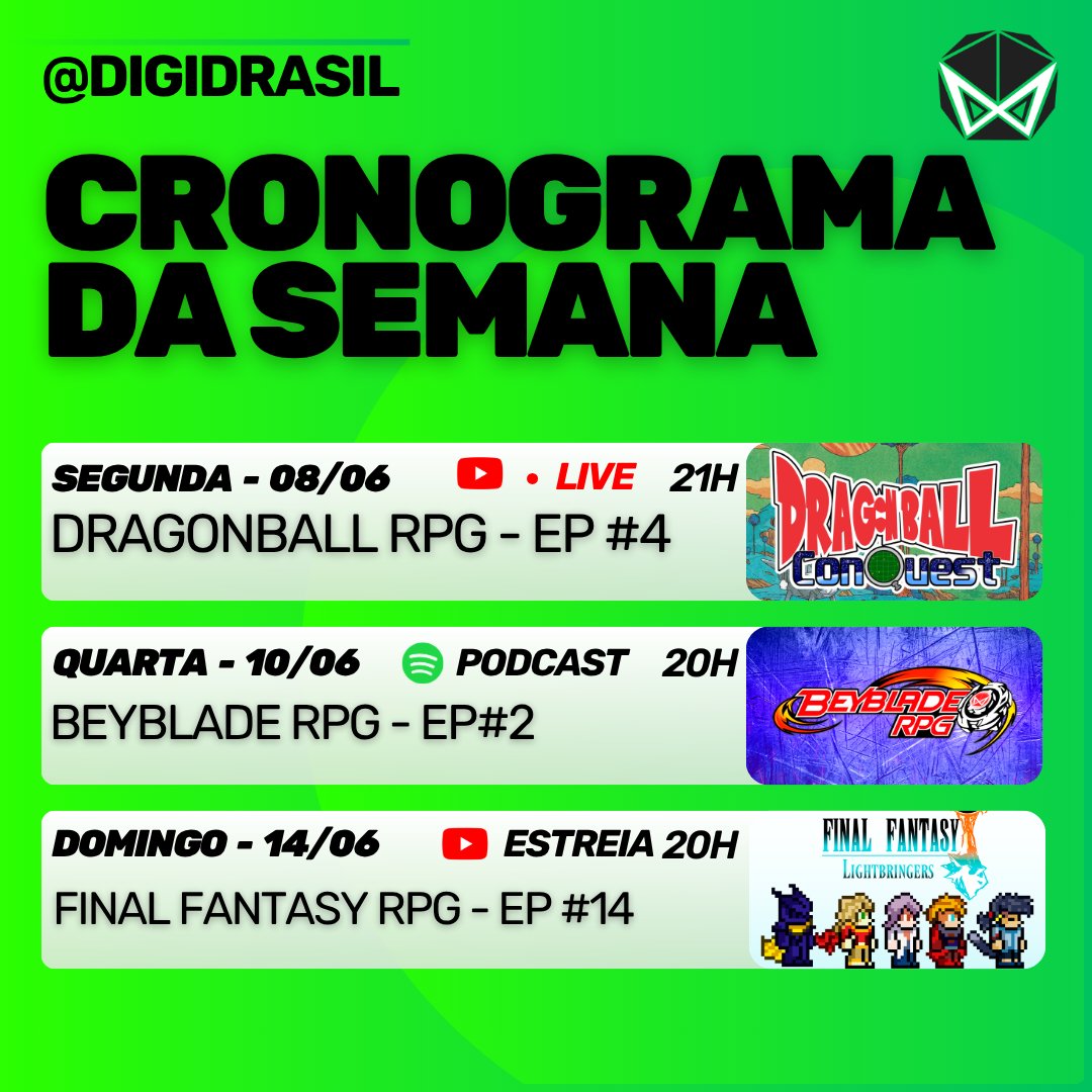 digidrasil's tweet photo. Faaaala, Digitalizados!
Passando pra mostrar para vocês a agenda do canal durante essa semana. Vamos ter live com o retorno de nossa mesa de Dragon Ball Conquest.
Teremos Beyblade no Spotify e novo episódio de Final Fantasy no Domingo, não percam!
#rpgdacomudidade #rpg https://t.co/lbLzuD0Bxc