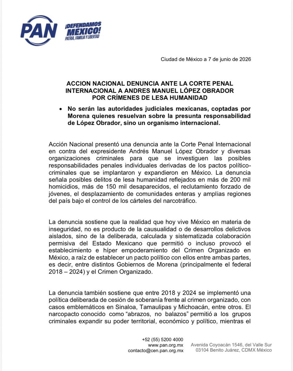 AccionNacional's tweet photo. Presentamos ante la Corte Penal Internacional una denuncia para que se investiguen las posibles responsabilidades de Andrés Manuel López Obrador por presuntos Crímenes de Lesa Humanidad.

Compartimos el boletín, la denuncia y el acuse de recibido. 📄

Consulta toda la información en el siguiente enlace 🔗 https://t.co/a1ROHksXJb

#DefendamosMéxico
#PatriaFamiliaYLibertad