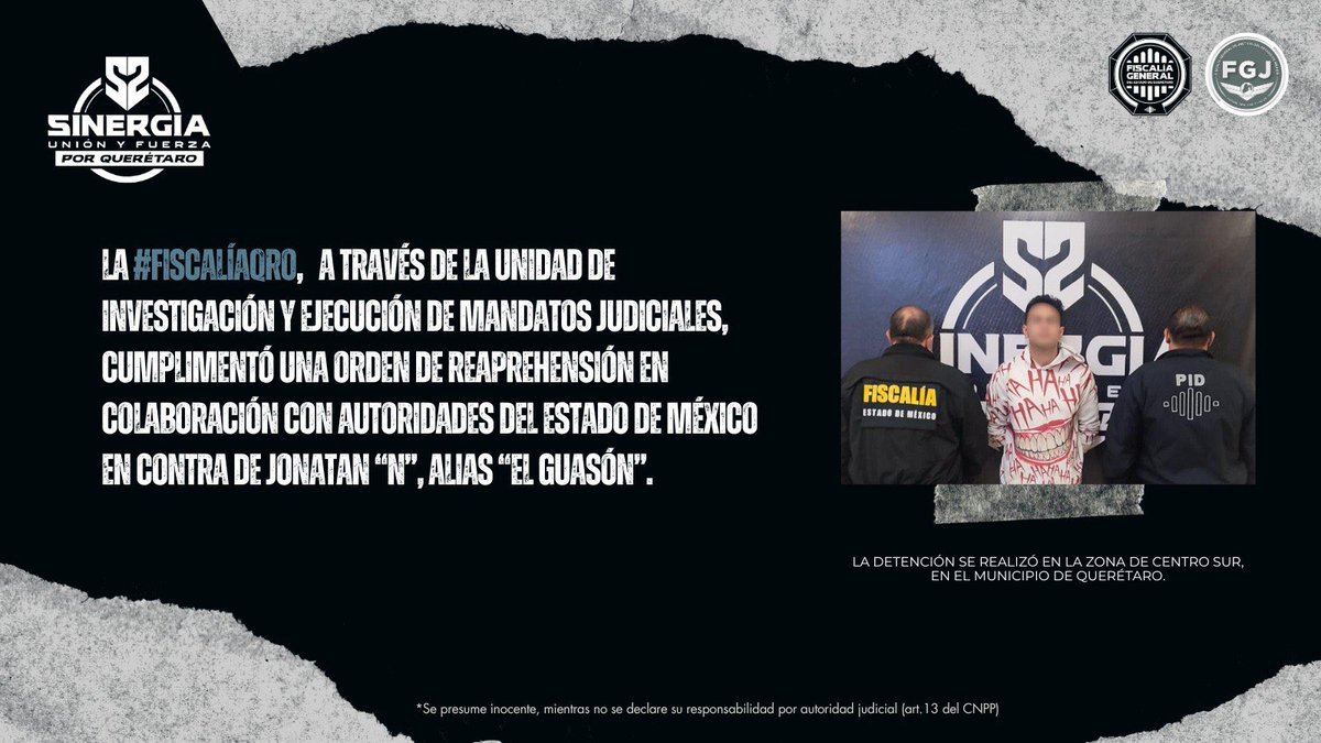 fiscaliaqro's tweet photo. 🚨 “EL GUASÓN” DETENIDO POR SINERGIA; CONTABA CON ORDEN DE REAPREHENSIÓN POR ROBO CON VIOLENCIA

La #FiscalíaQro, a través de la Unidad de Investigación y Ejecución de Mandatos Judiciales, cumplimentó una orden de reaprehensión en colaboración con autoridades del Estado de México en contra de Jonatan “N”, alias “El Guasón”.

📍 De acuerdo con la investigación:

• El imputado era requerido por autoridades mexiquenses por el delito de robo con la modificativa agravante de haberse cometido con violencia
• Presuntamente despojó a una persona de sus pertenencias en la vía pública
• Para cometer el ilícito habría utilizado un cuchillo como medio intimidatorio

👮‍♂️ Como resultado de los trabajos de colaboración:

• Elementos de la Policía de Investigación del Delito lograron su localización
• La detención se realizó en la zona de Centro Sur, en el municipio de Querétaro
• Posteriormente fue puesto a disposición de la autoridad requirente para continuar con el proceso correspondiente

🤝 Estas acciones reflejan la coordinación permanente entre instituciones de procuración de justicia para localizar a personas con mandamientos judiciales vigentes.

#FiscalíaQro #Sinergia #Resultados #Querétaro #PersecuciónDelito