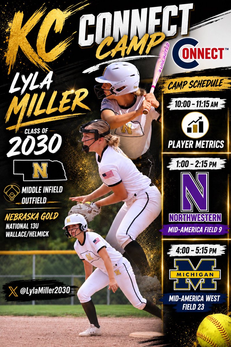 LylaMiller2030's tweet photo. Big week ahead with High School, camps and my @NEGold_13U team!

▪️06.08.26 - 06.09.26 - rise and shine with summer 🥎 training and conditioning with @OPS_WestviewSB 🧡💙

▪️06.08.26 - Evening scrimmage with @NebraskaTroya 

▪️06.10.26 - Wed - Connect Camp with 〽️ @umichsoftball and 💜🐱@NUSBcats @DDSBandEvents 

▪️06.11.26 - 06.14.26 - Top Gun Invitational -Maverick @TopGunEvents 

Please look at my schedules and cant wait to see you all!

@MidwestPremierS @LineDsoftball @tagupSoftball @TGETalent @ExtraInningSB @PrepSoftball @SoftbalAmerica @TOP_D1RECRUITS @CoachR_Helmick