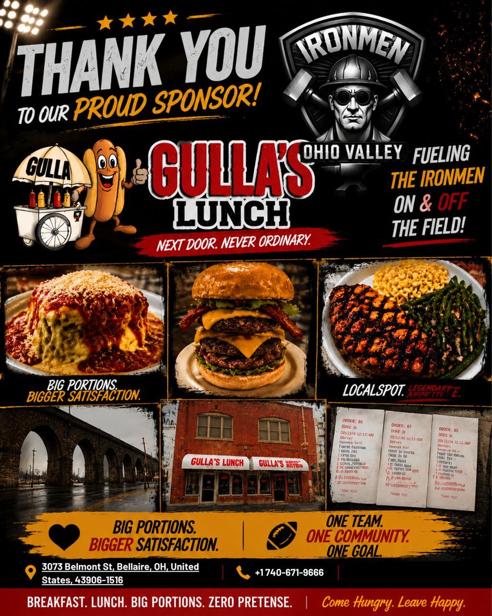CoFLIronmen's tweet photo. 🏈 Cheer Loud, Eat Proud! 🍔
Thanks to Gulla’s Lunch for feeding the team and the fans. Flavor and football collide! 💪 #IronmenStrong #GullasLunch #FuelTheTeam #NextLevelEats https://t.co/4L2aKFqjYr
