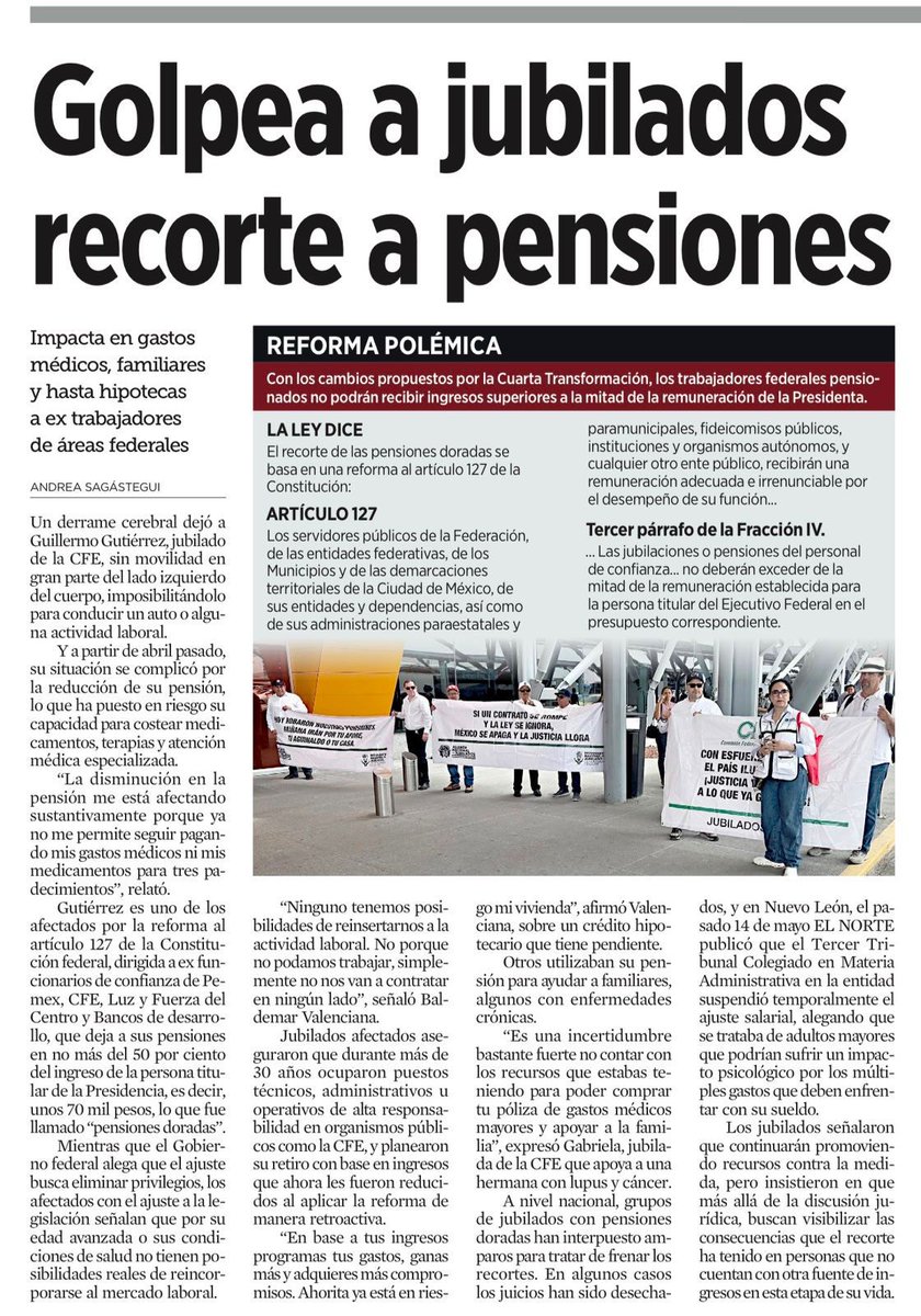 jubiladosPemex's tweet photo. "Golpea a jubilados recorte a pensiones. Impacta en gastos médicos, familiares y hasta hipotecas a extrabajadores de áreas federales"
Nota de Andrea Sagástegui para @Reforma https://t.co/DYCICuiqVF