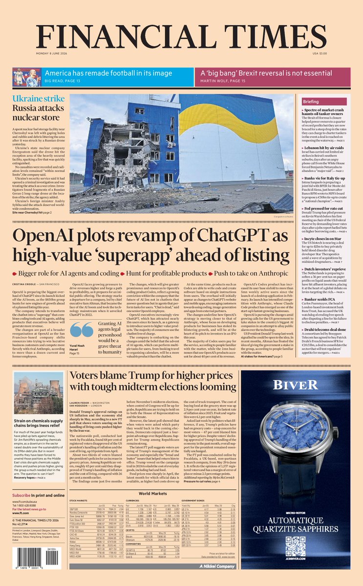 Just published: front page of the Financial Times, international