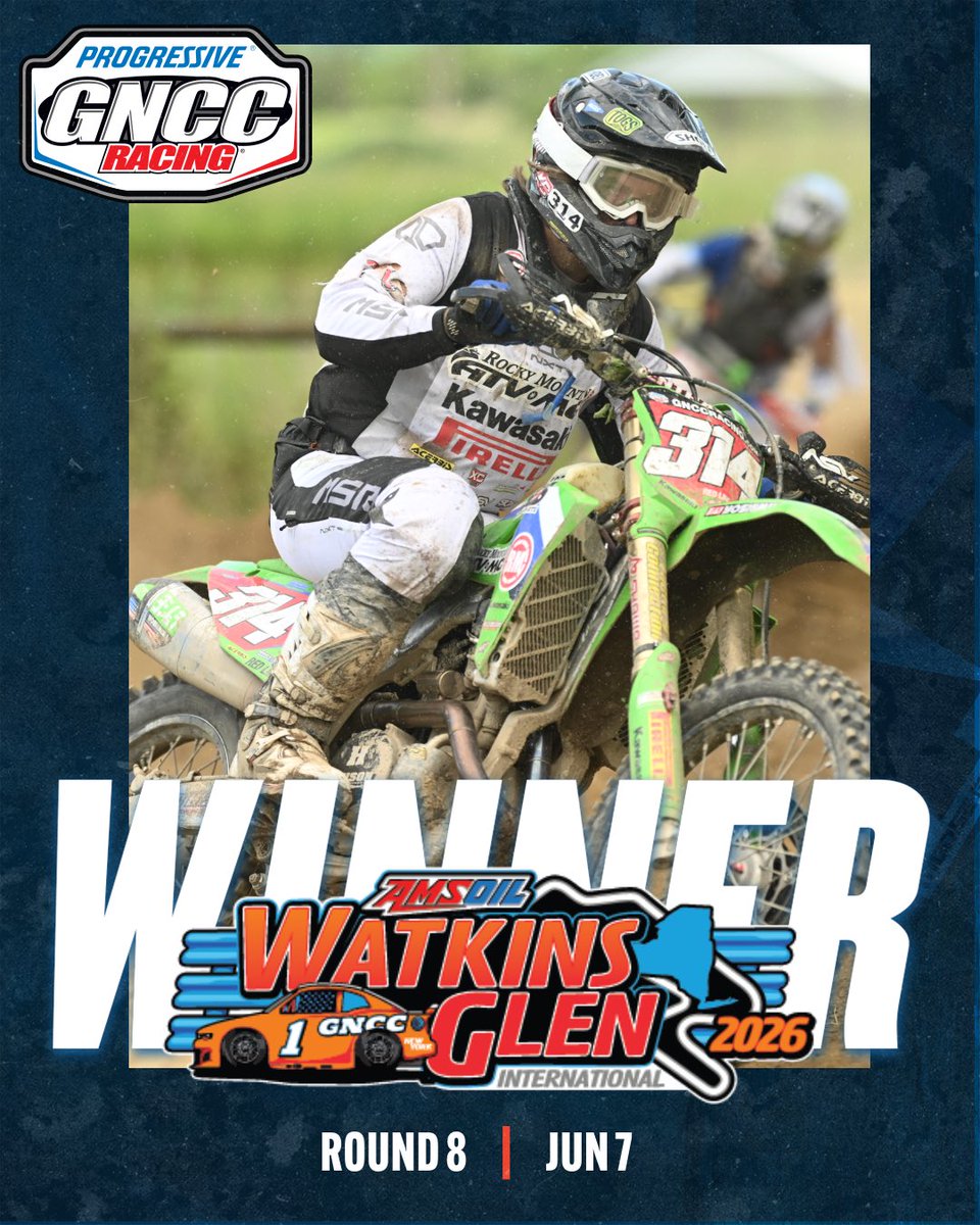 GNCCRacing's tweet photo. Check out the results from round 8 of Progressive GNCC Racing ⬇️ 

AMSOIL Watkins Glen Pro Overall
🥇Grant Baylor
🥈Liam Draper
🥉Steward Baylor 

XC2 250 Pro Top 3
🥇Angus Riordan
🥈Jason Tino
🥉Jhak Walker

Top Amateur Top 3
🥇Cooper Jones 
🥈Hunter Smith
🥉Lane Whitmer https://t.co/fmDknsCSpi