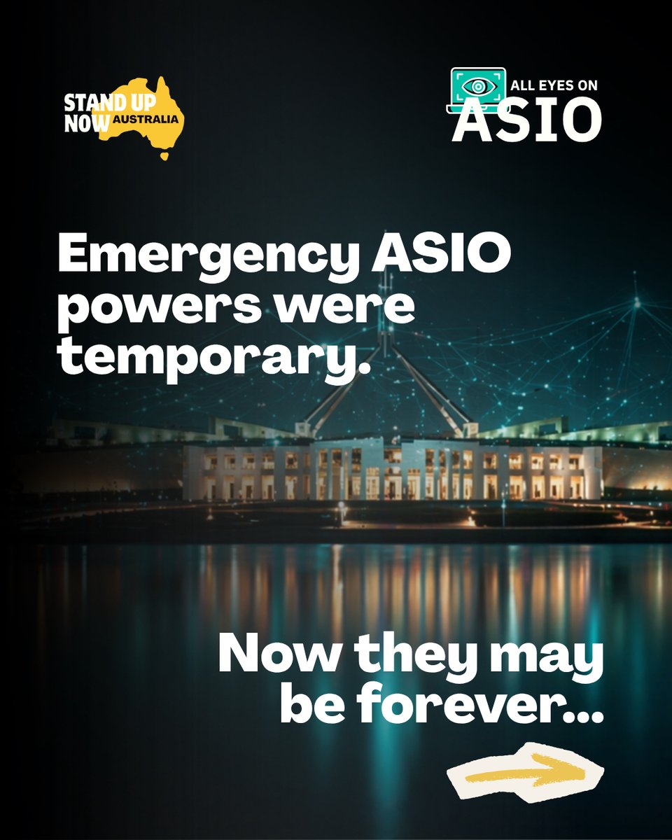 StandUpAus_'s tweet photo. Some of Australia’s strongest intelligence powers were introduced after 9/11 as temporary emergency measures.

Now Parliament is considering making them permanent by removing the sunset clause.

History shows emergency powers are easiest to introduce during fear — and hardest to remove afterward.

When “temporary” lasts forever, was it ever temporary at all?

Australians should decide whether crisis-era laws belong in peacetime permanently.

If you value liberty, now is the time to speak.
Reject the ASIO Amendment Bill.
Email your Senator today:
https://t.co/M6aiflTTWK
Link in bio.