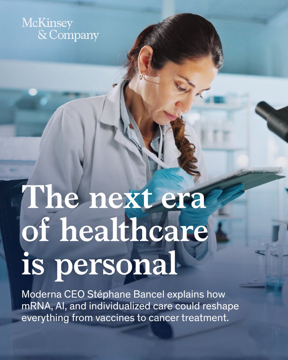 McKinsey's tweet photo. Healthcare is entering a new phase.

Advances in mRNA and AI are changing how therapies are discovered, developed, and delivered. For leaders, the opportunity is in building the capabilities and systems needed to scale more personalized care. https://t.co/MlGTQCfCdF https://t.co/7NQjjAr3m3