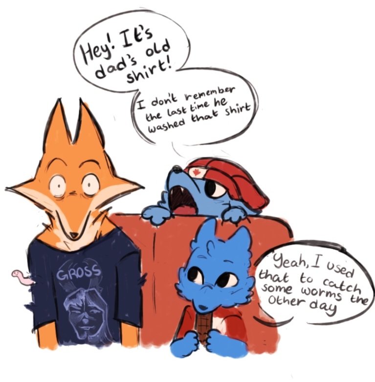 ProcessedGT's tweet photo. Love it how in most detn fics where fox stays the night at the wolfs' residence, he almost always ends up wearing an old bunny &amp; clyde shirt that wolf somehow has

Inspired by the fic "Your heart (i want your heart)" by Anonymous on ao3!

#donteattheneighbours
#bigteethbadbreath https://t.co/wYs2IxQkLa