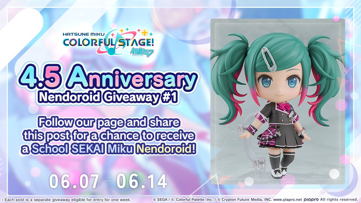 ColorfulStageEN's tweet photo. Our 4.5 Anniversary Leo/need Nendroid Giveaway is here!! 💫

Like and repost for a chance to receive a Leo/need Miku Nendroid!

Available until June 14, 23:59 (PT) / June 15, 6:59 (UTC)

👀 Keep an eye out for the other group's giveaways~ https://t.co/O9sRs5L0GQ