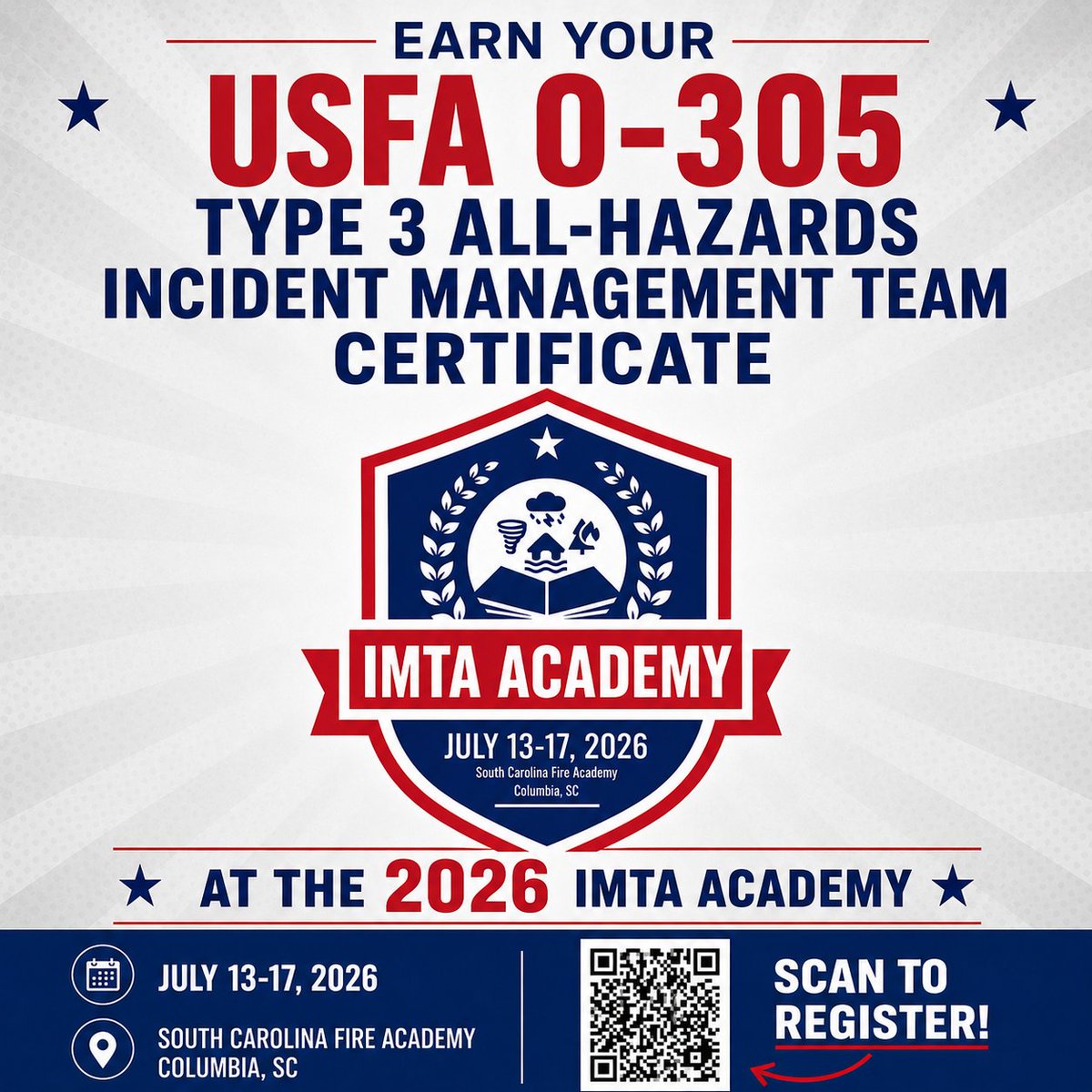 IMTAssociation's tweet photo. Earn Your USFA O-305 Type 3 All-Hazards IMT Certificate at the 2026 IMTA Academy, July 13–17 in Columbia, SC.
Train in a realistic all-hazards environment and build the coordination skills needed for effective Type 3 IMT operations.
#IMTA #USFA #Type3IMT #ICS https://t.co/Pf5XGPf8pT