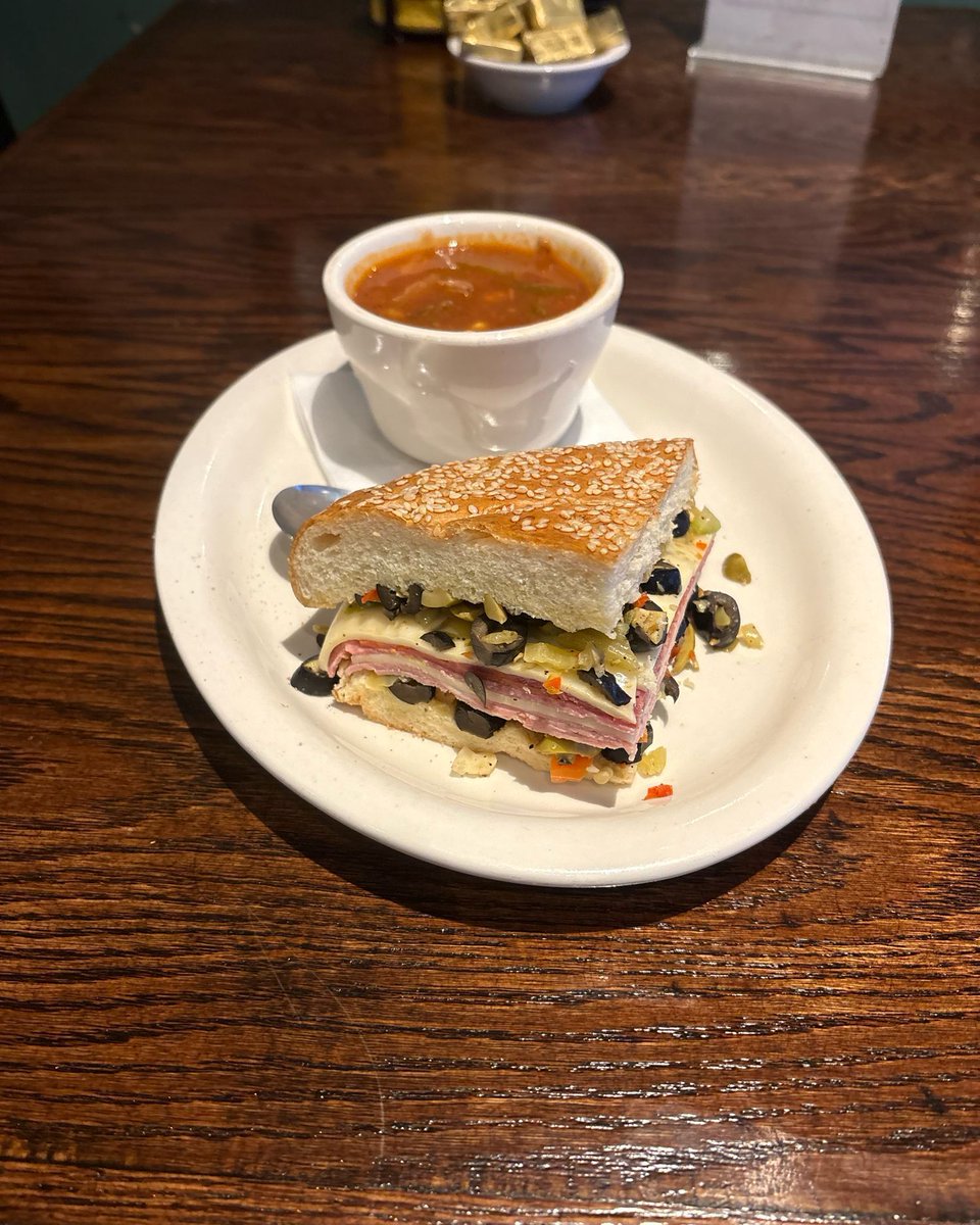 PatricksMemphis's tweet photo. Quarter Muffuletta &amp; Cup of Soup -$13.50
Muffuletta bread baked here in town, with Genoa salami, hot Capicola, Mortadella, sliced Mozzarella, and Provolone cheese topped with a generous portion of olive salad. Your choice of a cup of Vegetable Beef Soup or our Soup of the Day. ￼ https://t.co/ScCj3tTphQ