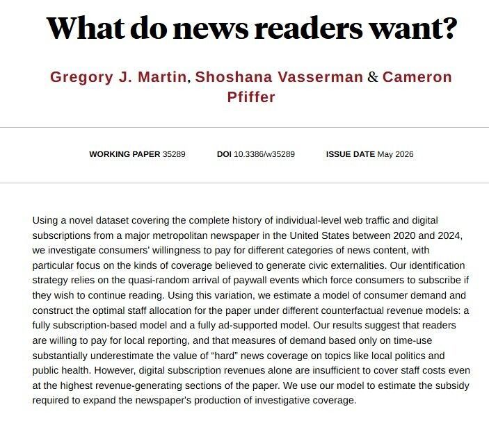 nberpubs's tweet photo. Studying whether readers are willing to pay for local journalism by using quasi-random paywall hits at a major US metro newspaper, finding the answer is yes—but subscriptions alone won't pay for it, from @gregmartinphd, @shoshievass, and @cpfiffer https://t.co/WCRLwIeiQP https://t.co/LHQtkzeoaP
