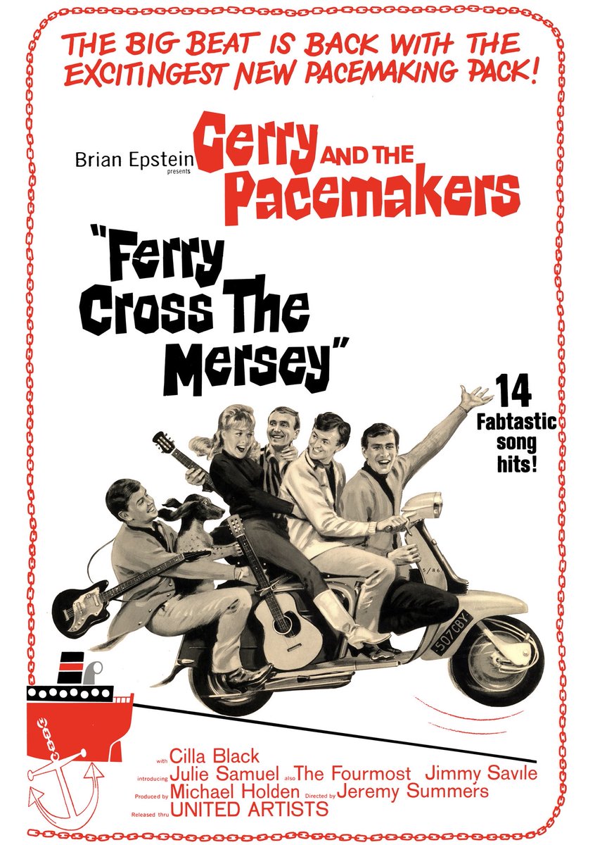 George2Hello's tweet photo. #タイトルに地名が入る映画
#本日の英国ビート 

“Ferry Cross The Mersey” 1964
Gerry & The Pacemakers 

同郷のビートルズとともにブライアン・エプスタインのマネジメントにより英国ビートブーム黎明期に早々に見出され、やがて世界的人気を獲得していったリヴァプールのヒーロー、Gerry & The Pacemakers 主演による唯一の英国製劇映画。残念ながら日本では東芝によるサントラ盤発売はあったものの、肝心の映画本体はこれまで一度も上映されておらず、アマゾン検索によれば収録DVDは日本向けには配達便宜なしと出るようだ。
主役であり主題歌作曲者のジェリー・マーズデンが演じるのはリヴァプールの音楽好きな画学生。音楽仲間のメンバーとの日常生活、音楽プロモーターとの邂逅チャンス、楽器盗難のピンチ等々のプロット。
キャバーン・クラブでの演奏やマージー河口のバーケンヘッド背景にしたフェリーボート場面などの、彼らの出自に密着したロケーションでの撮影映像もふんだんに楽しめるものになっている。
映画冒頭に出てくる、未整地の瓦礫含みのリヴァプールの街路は、大きな被害を被った大戦中の空襲による放置跡地なのであろうか？そこで子供らが無邪気に遊ぶ、見すぼらしい景観が印象的で、既に出世を果たした存在として煌びやかなロンドンで多忙な一日半を過ごすビートルズの初主演映画と好対照であったのが印象深い。終盤の音楽コンテスト場面に客演する、やはり同郷のシラ・ブラックの歌唱場面など、見どころもあり。なお、映画で流れる①や③は、レコード版とは異なる劇伴アレンジだった。

① (the title song →邦題は「マージー河のフェリー・ボート」)
https://t.co/0Pnij9gaUQ

②”Why Oh Why”
https://t.co/vyznVv16np

③”All Quiet On The Mersey Front (静かなるマージー)"
(Incidental music by George Martin)
https://t.co/EDJRMqX5u8