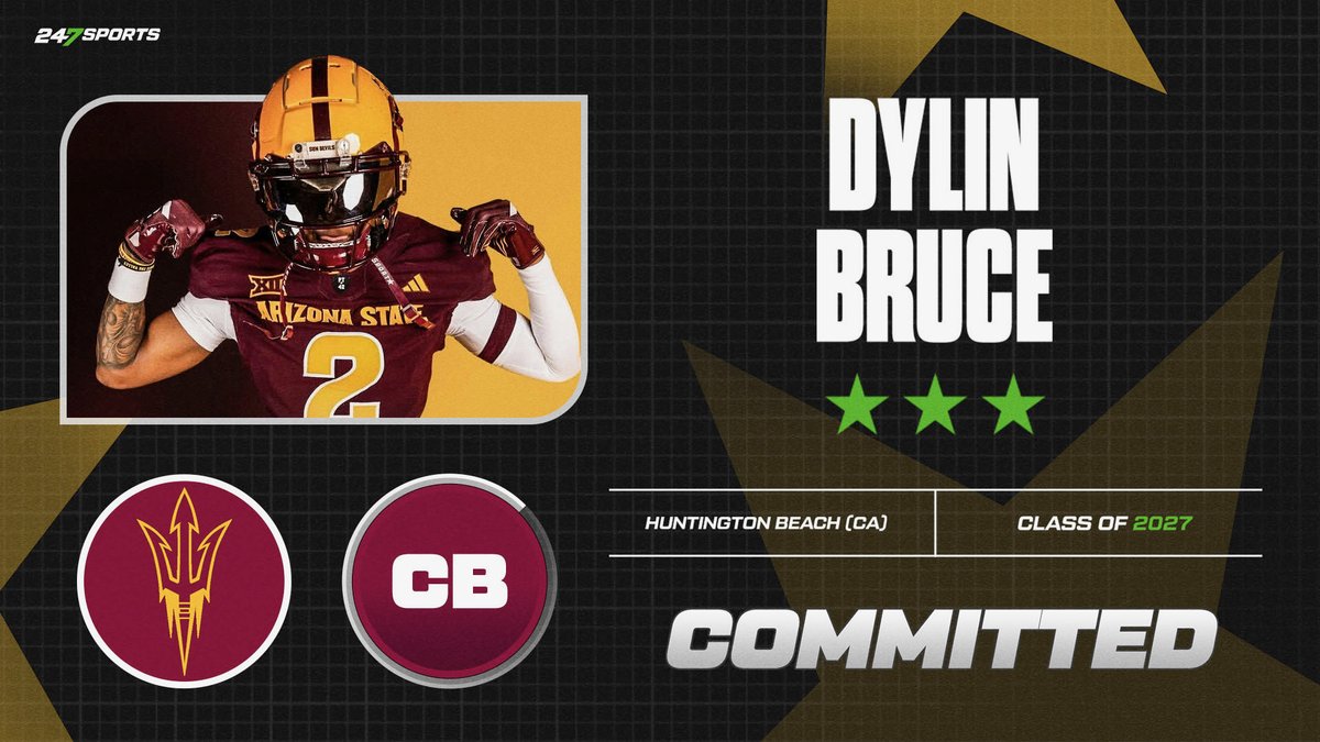 ChrisKarpman's tweet photo. BREAKING: Dylin Bruce (@Dylinnn_1k), a 2027 CB at Huntington Beach (Calif.) HS, just committed to Arizona State, becoming the third top-75 prospect from the state in the class for the Sun Devils. @BlairAngulo has Bruce's reasoning:

https://t.co/Ybp1O9VeWZ https://t.co/v5V7dsOfPO