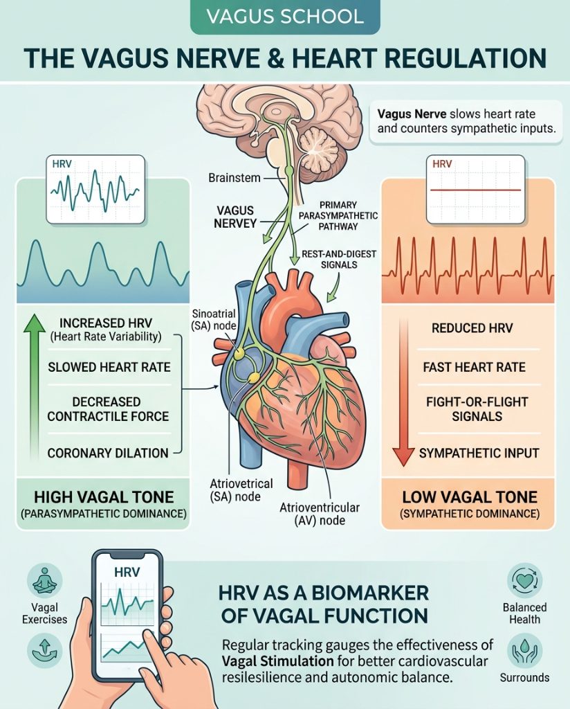 SterlingCooley's tweet photo. The vagus nerve serves as the primary parasympathetic conduit for cardiac activity by delivering rest-and-digest signals that counteract sympathetic inputs. When these vagal fibers are active, they decrease heart rate and contractile force while promoting coronary artery dilation to maintain autonomic equilibrium. This neural pathway provides the physiological basis for shifting the body out of high-stress states into a recovery-oriented baseline.

Anatomical asymmetry between the right and left vagal trunks dictates clinical safety, as the right side carries denser cardiac projections to the sinoatrial node. This innervation density is why implanted stimulation devices traditionally target the left side to avoid the risk of induced bradycardia or transient asystole. Understanding this lateralization is critical for ensuring that both invasive and non-invasive neuro-modulatory protocols maintain cardiovascular stability.

Heart rate variability serves as a direct biomarker for vagal tone, capturing the beat-to-beat timing changes regulated by cardiac nerve branches at conduction sites. Higher HRV metrics reflect a healthy balance between autonomic branches and indicate superior cardiovascular resilience. Regular tracking of these waveforms allows practitioners to validate the efficacy of stimulation efforts, ensuring that specific interventions are successfully shifting the system toward a state of recovery. This quantitative data loop transforms HRV from a simple metric into a tool for refining neuro-modulation protocols.

https://t.co/jfwwZgrtEY