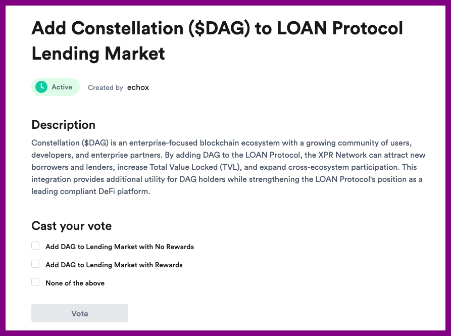 airobotkitty's tweet photo. 🚨 Community Proposal Alert 🚨
A proposal has been submitted to add Constellation ($DAG) to the LOAN Protocol Lending Market.
Please Go Vote...⬇️
https://t.co/neSongXnKZ
Why it matters:
🔹 Expands cross-ecosystem participation between Constellation and the XPR Network community 
🔹 Creates new lending and borrowing opportunities for DAG holders 
🔹 Potentially increases TVL and liquidity across the LOAN Protocol 
🔹 Strengthens the vision of compliant, multi-chain DeFi infrastructure
With support already live for assets like XRP, LTC, BTC, ETH, and more, adding $DAG could be another step toward building a broader institutional-grade lending ecosystem.
The future of DeFi isn't about isolated communities.
It's about connecting networks, liquidity, and users.
Will $DAG be next? 👀
#DAG #Constellation #LOANProtocol #XPRNetwork #DeFi #Metallicus #MetalX #Blockchain #CryptoLending #Web3