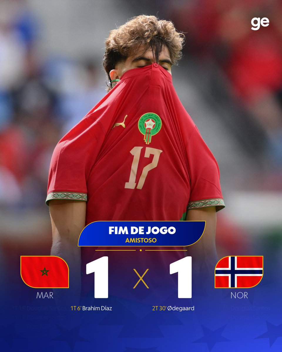 geglobo's tweet photo. 🇲🇦🇳🇴 Próximo adversário da seleção brasileira, Marrocos empata com a Noruega no último amistoso antes da Copa do Mundo. Brahim Díaz abriu o placar no início do primeiro tempo, mas Martin Ødegaard deixou tudo igual.

Brasil e Marrocos se enfrentam no próximo sábado, pela 1ª rodada da fase de grupos.

📸 AFP

#ge2026 #futebol #seleçãobrasileira #marrocos #fimdejogo