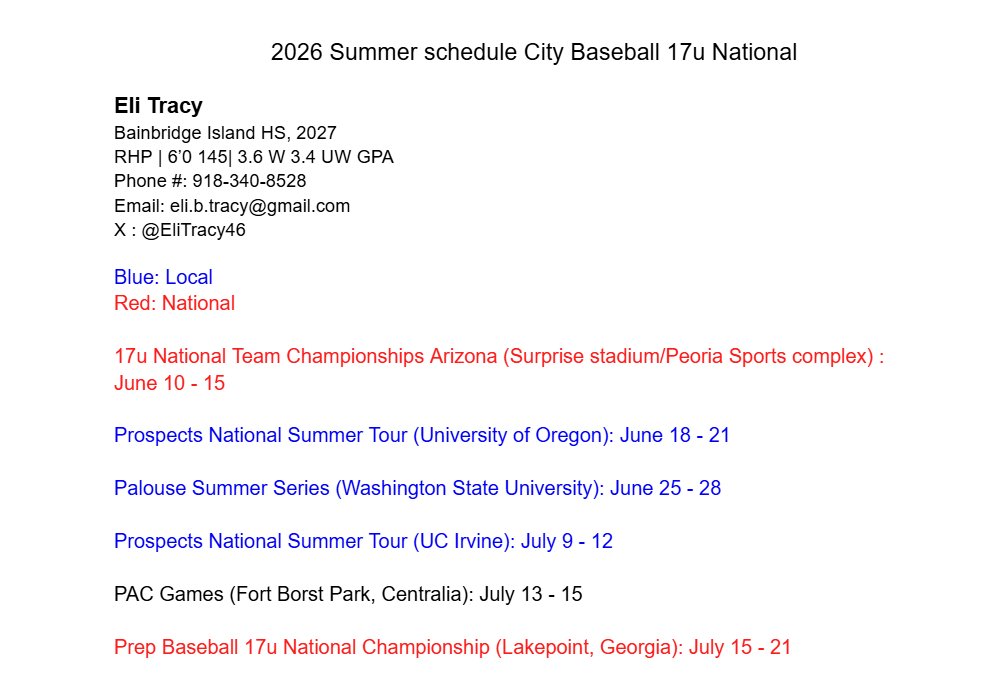 EliTracy46's tweet photo. Uncommitted 2027 RHP Exited to announce my 2026 summer schedule

@kgundypitching @BainbridgeBsbl @PrepBaseballWA @rhettparkerpnw @FlatgroundApp @PerfectGameUSA @USABaseball @PB_Uncommitted @Citybaseballsea 
#uncommitted https://t.co/baekOFhkRX