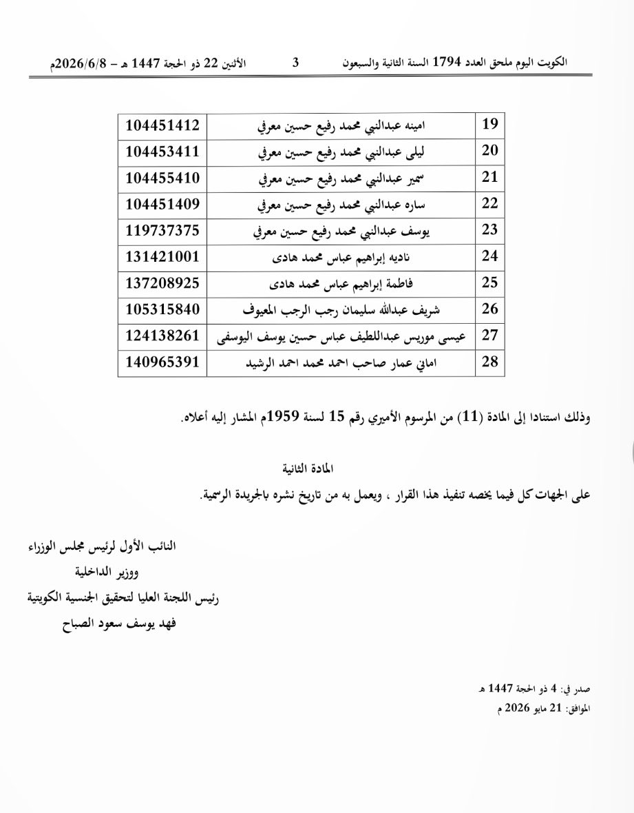 almodawala's tweet photo. الكويت اليوم تنشر ملحق بقرار اللجنة العليا لتحقيق الجنسية الكويتية رقم (9/53) لسنة 2026م بشأن فقدان الجنسية الكويتية وفق المادة 11 من قانون الجنسية 15 لسنة 1959 https://t.co/ncil3cbX7v