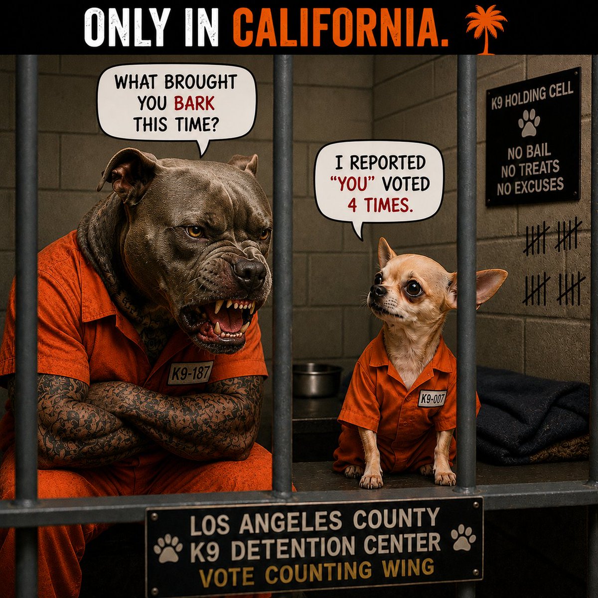 PetAdorn's tweet photo. ONLY IN CALIFORNIA
PitBull: What brought you BARK this time?!
Chihuahua: I reported 'YOU' voted 4 times!

PetAdorn's idea, image was Generated by ChatGPT. https://t.co/81K2FnnbPb