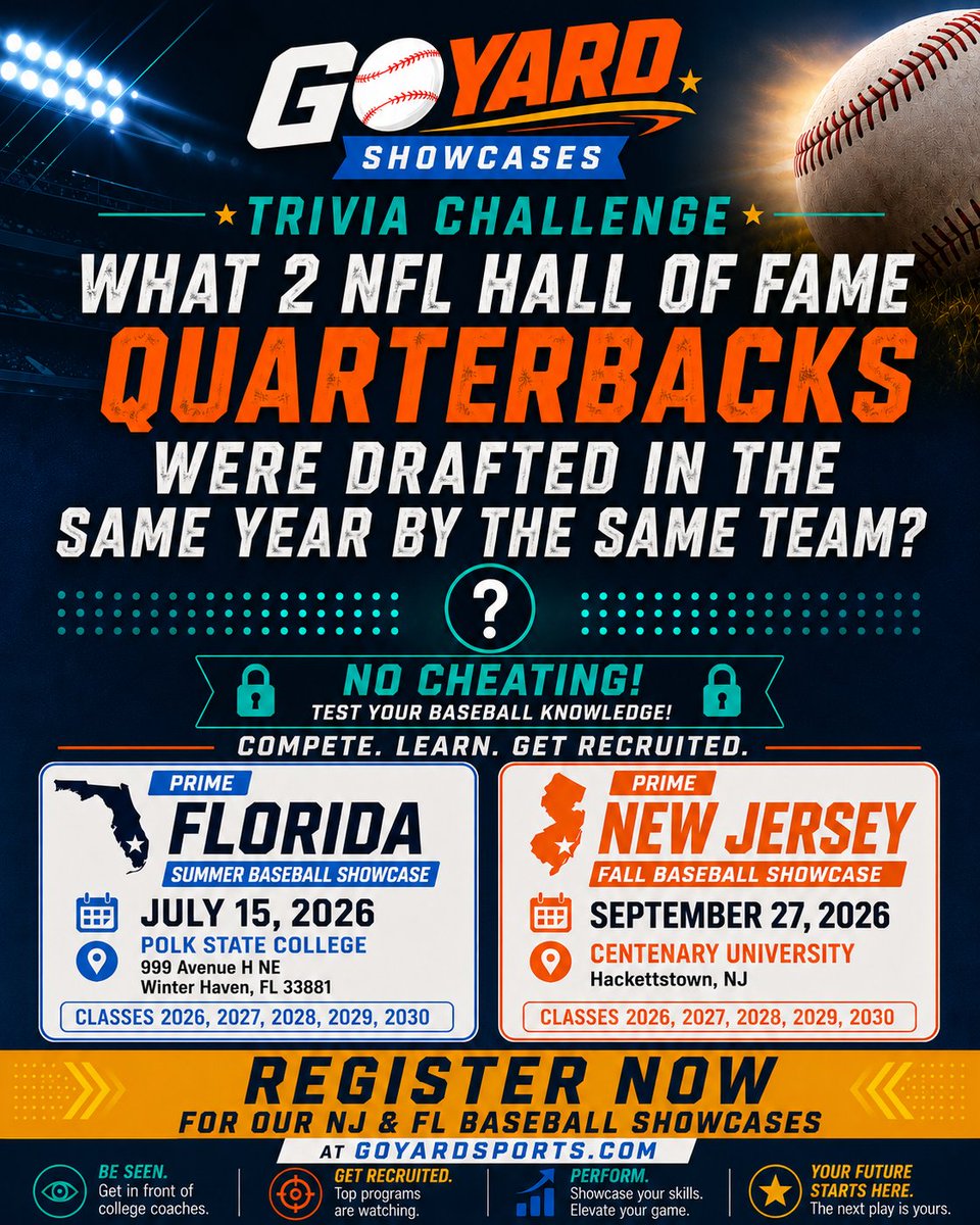 GoYardShowcase's tweet photo. Think you know sports trivia? Here’s one for you:

What two NFL Hall of Fame quarterbacks were drafted in the same year by the same team?

No cheating.

Now here’s the real question: are you ready to put your own talent on display?

Go Yard Sports Showcase is coming to Florida https://t.co/1uMICfrCWG