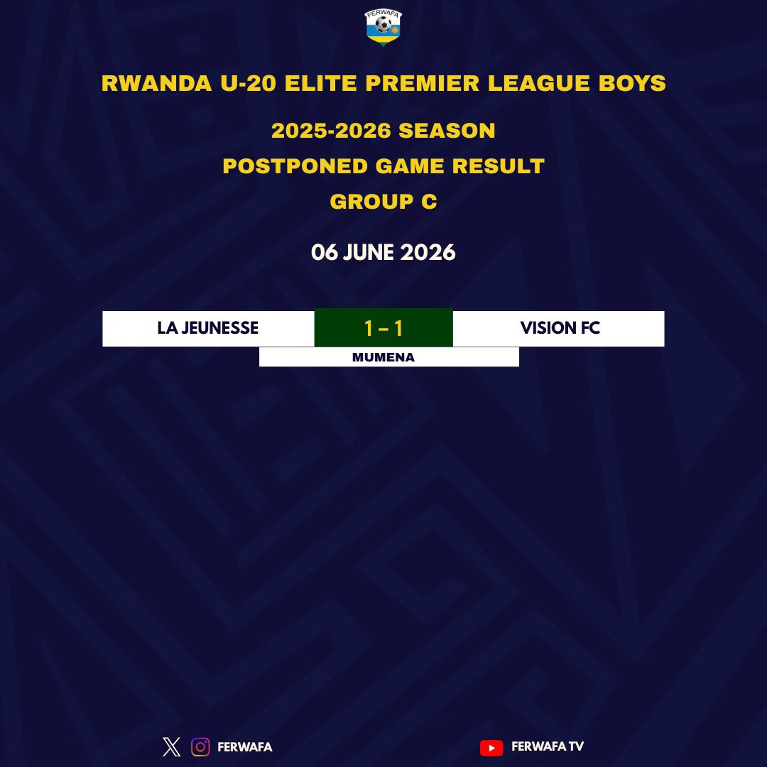 FERWAFA's tweet photo. RWANDA U20 ELITE PREMIER LEAGUE BOYS AND GIRLS

Postponed games results. https://t.co/drOIoJ1mTL
