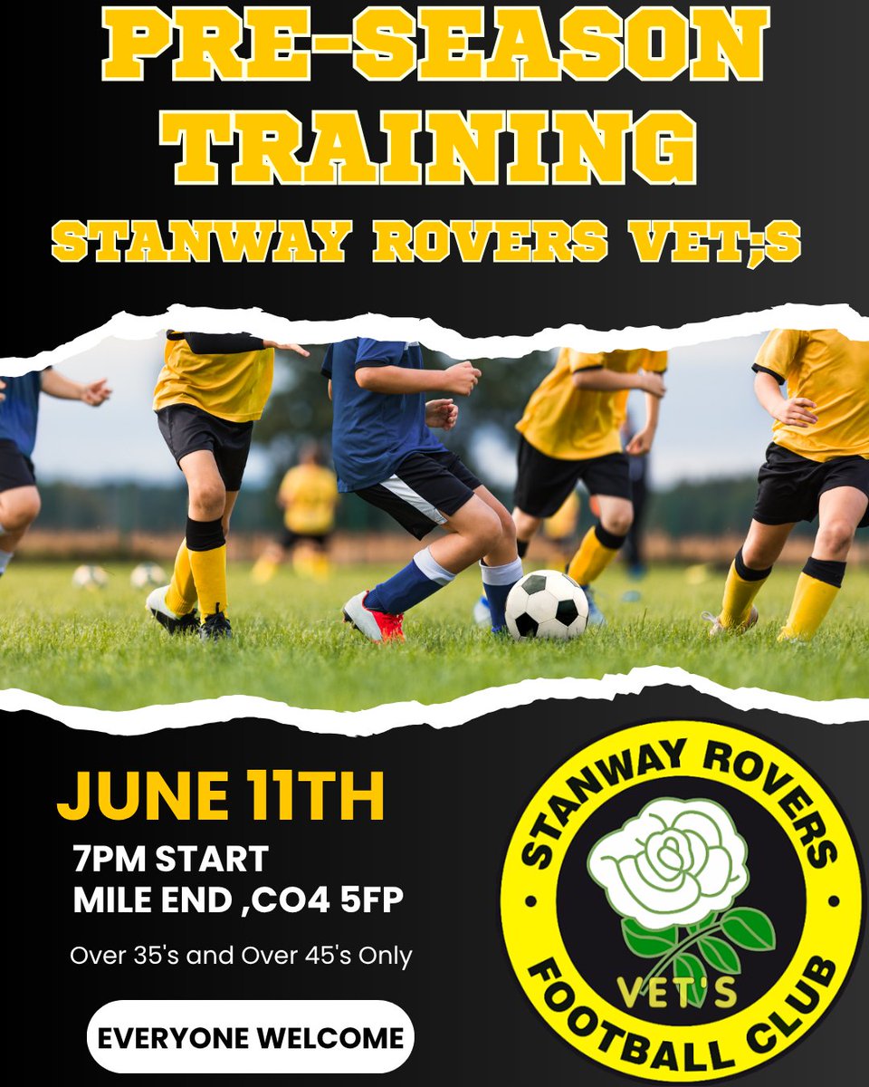 Stanroversvets's tweet photo. Pre Season training,Everyone Welcome.
7pm start Mile End Playing fields Colchester, 🟡⚫️ https://t.co/KPkVjYrBA8