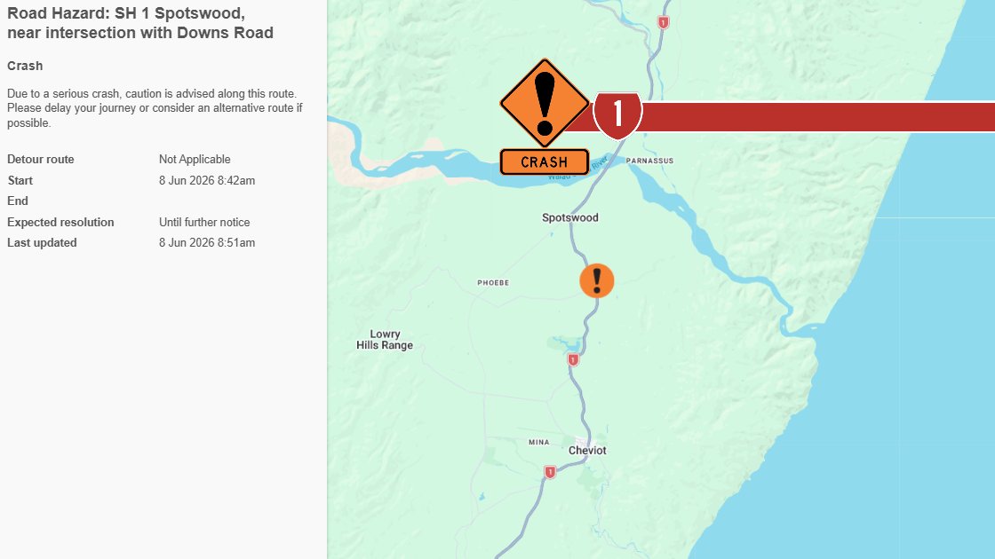 nztacwc's tweet photo. SH1 SPOTSWOOD, CANTERBURY - SERIOUS CRASH - 9AM
Due to a serious crash, near the intersection with Downs Rd, caution is advised along this route. Road users are advised to delay your journey, consider an alt route if possible. Follow directions of emergency services. ^JP https://t.co/X0fudJi08D
