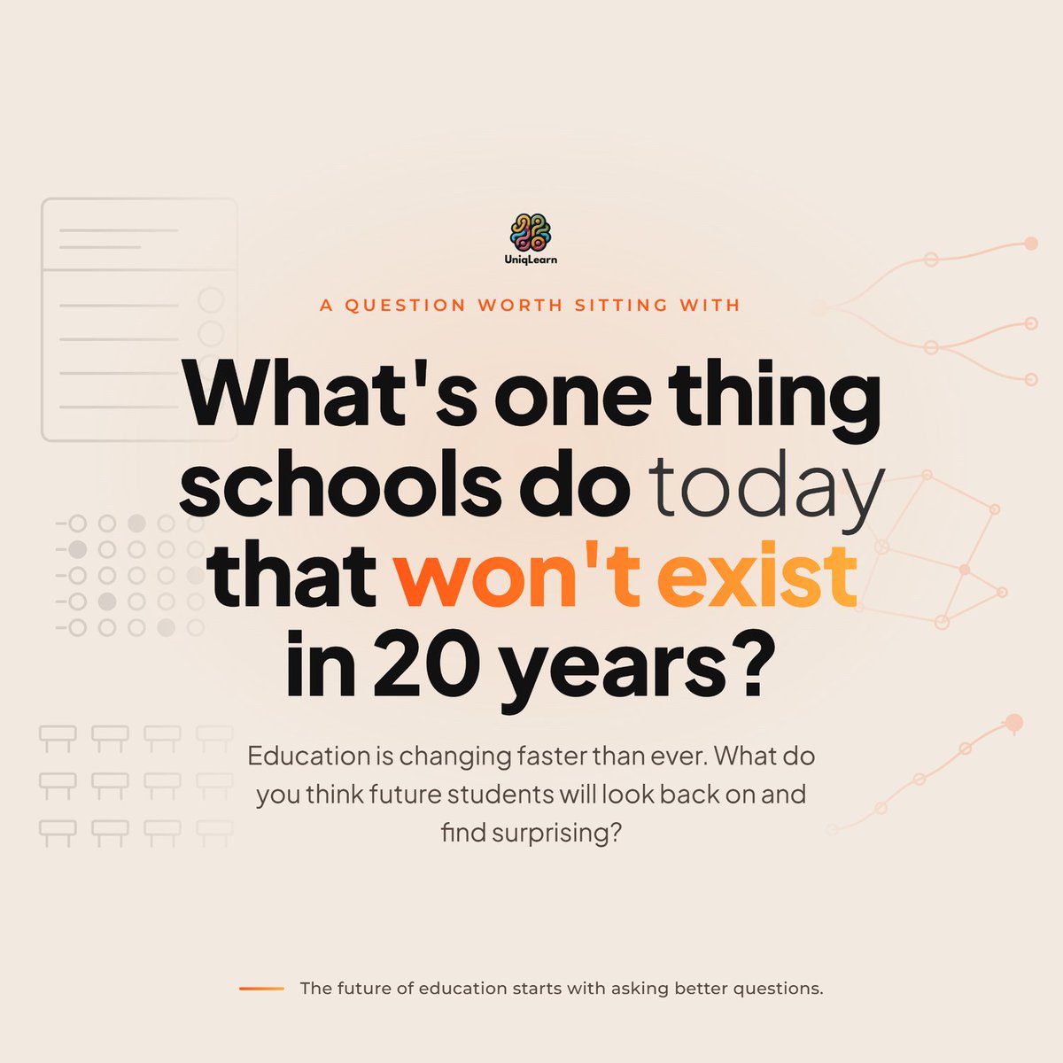 UniqLearn's tweet photo. What's one thing schools do today that won't exist in 20 years?
My guess: one-size-fits-all learning.
What's yours?
👇
#FutureOfEducation #EdTech #PersonalizedLearning https://t.co/KTY3HmBKug