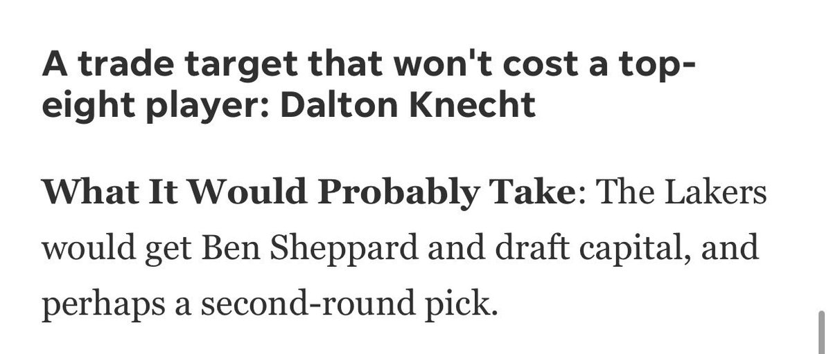 LakersLegacyPod's tweet photo. An Indy Star article seems to think a Dalton Knecht Trade would make sense for the Pacers.

LA IN: Ben Sheppard ($5M expiring) + 2nd

OUT: Dalton Knecht

Didn’t think DK could fetch a 2nd, but sure.

&amp; while I was super high on Sheppard, I’d rather him rerouted &amp; clear the $4-5M https://t.co/LSRUBd0Wyc