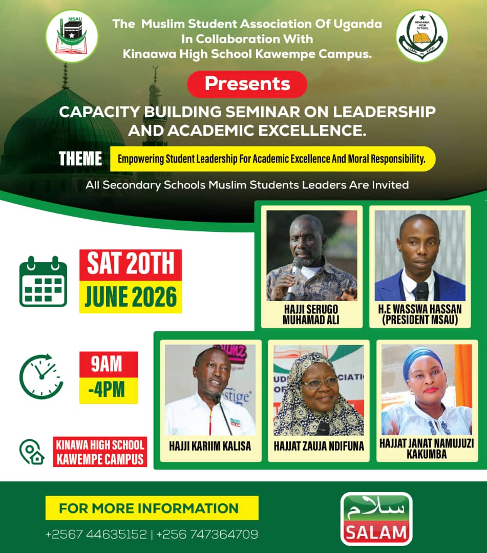 KinaawaKawempe1's tweet photo. The Muslim Students Association of Uganda (MSAU) cordially invites all Muslim Students' Leaders, Prefects, from Secondary Schools to attend a Capacity Building Seminar on Leadership and Academic Excellence.

Mr. Kiyimba Hazmy Kalema.
Chairman Kawempe Division 
Call: 0747 364709 https://t.co/N66dfOia7j