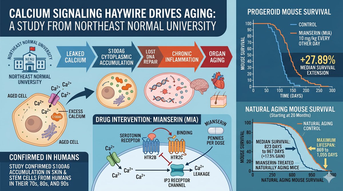 RapaNews's tweet photo. An Old Antidepressant Just Extended Mouse Lifespan by 17%. Here’s Why Calcium May Be the Hidden Clock of Aging. https://t.co/pk2JqM4x6D https://t.co/Hg6VrOHIlw