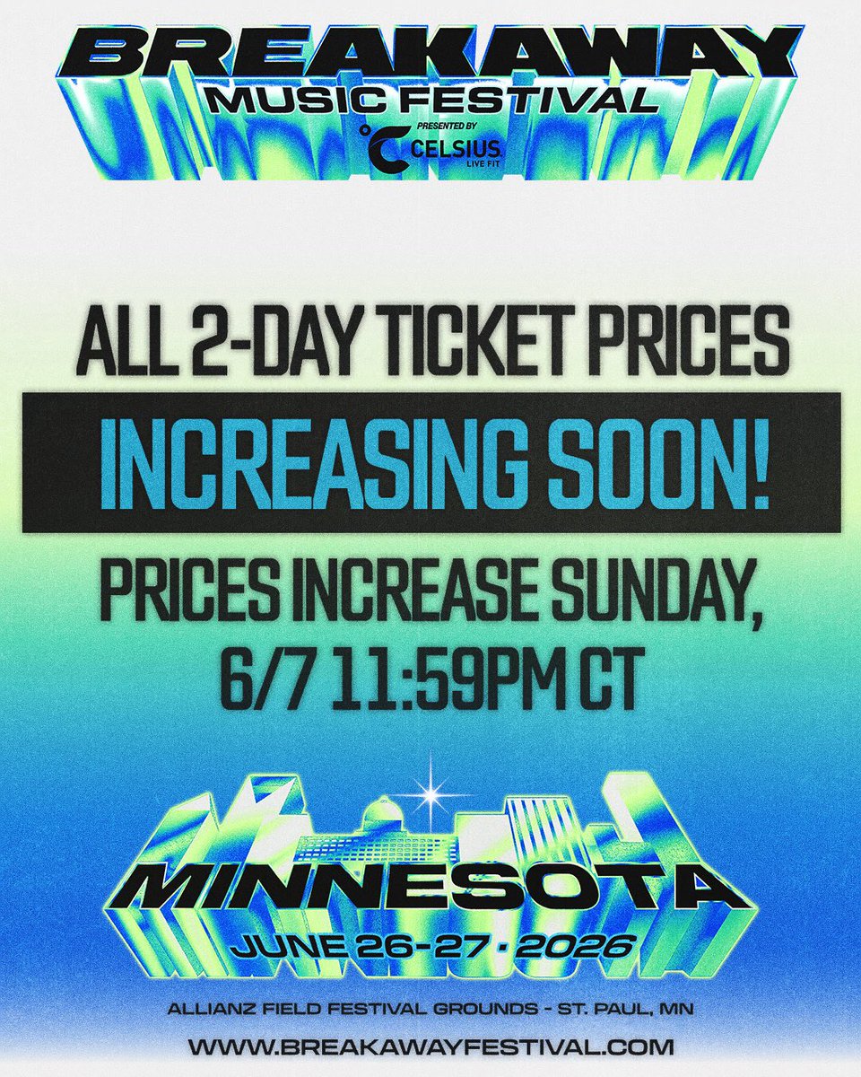 SIMshows's tweet photo. .@BreakawayFest MN prices increase TONIGHT at 11:59pm!  (It’s Sunday btw)
Don’t wait any longer to snag tickets! Save a few bucks while you can 😁🤩

Tickets at https://t.co/MXLFw2zmAT https://t.co/Dm5qvVO4YV
