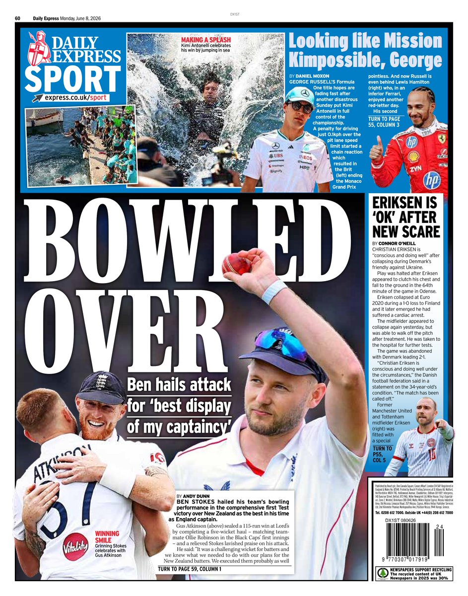 AndyGibsonTV's tweet photo. "BOWLED OVER" 
@AndyDunnMirror for @DExpress_Sport 

Ben Stokes hailed his team’s bowling performance in the comprehensive first Test victory over New Zealand as the best in his time as England captain.

#DailyExpress
#TomorrowsPapersToday https://t.co/9MXRqCgmoC