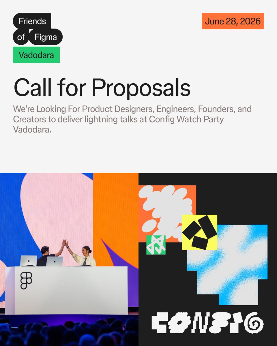 fofvadodara's tweet photo. Call for Proposals is live now! 🎤
We're looking for Product Designers, Design Engineers, Founders, and Design Creators to deliver 5–15 minute lightning talks at the Config Watch Party 2026.
Apply here 👉🏻: https://t.co/LllAZg1aEA
#Config2026 #FriendsOfFigma https://t.co/WfPcOugSdx