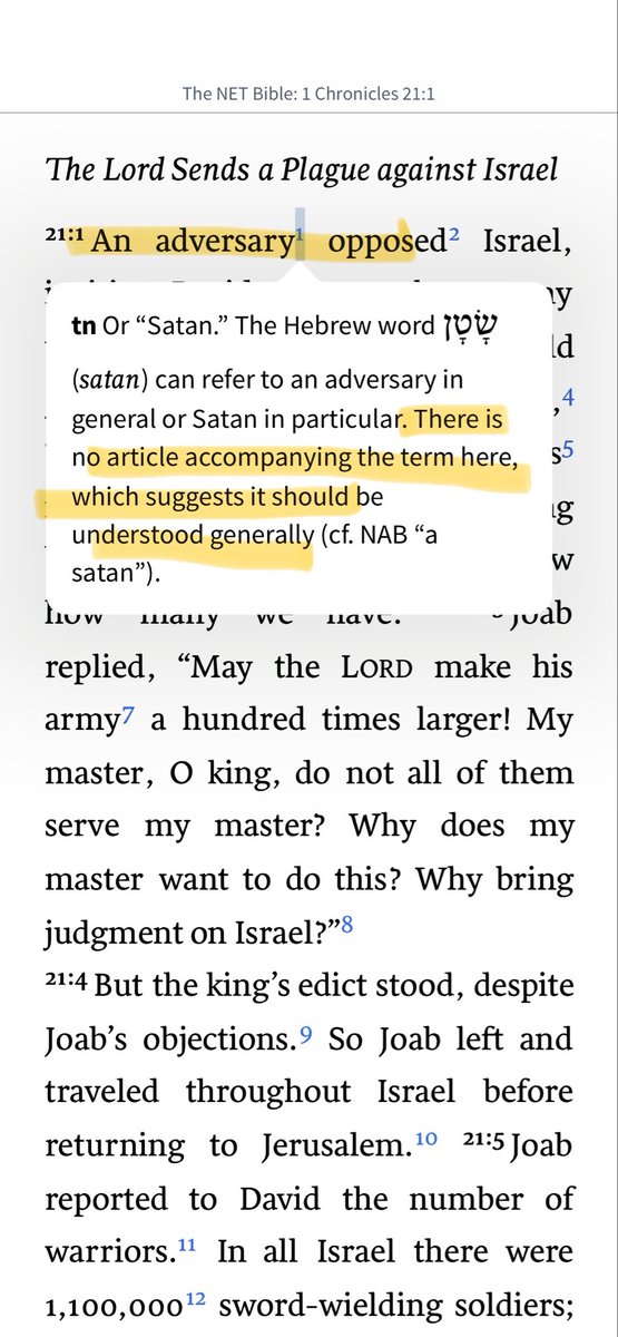 leahtrell's tweet photo. No. The opposite. You are relying on external interpretation. You are not following the text. The text DOES NOT have an article. It is not talking about the Satan figure. It just means an adversary. YHWH could be acting in an adversarial position or an adversarial nation could have provoked David. 

Either way, this text isn’t some gotcha so gnostics can find it thousands of years later to prove YHWH is Satan.