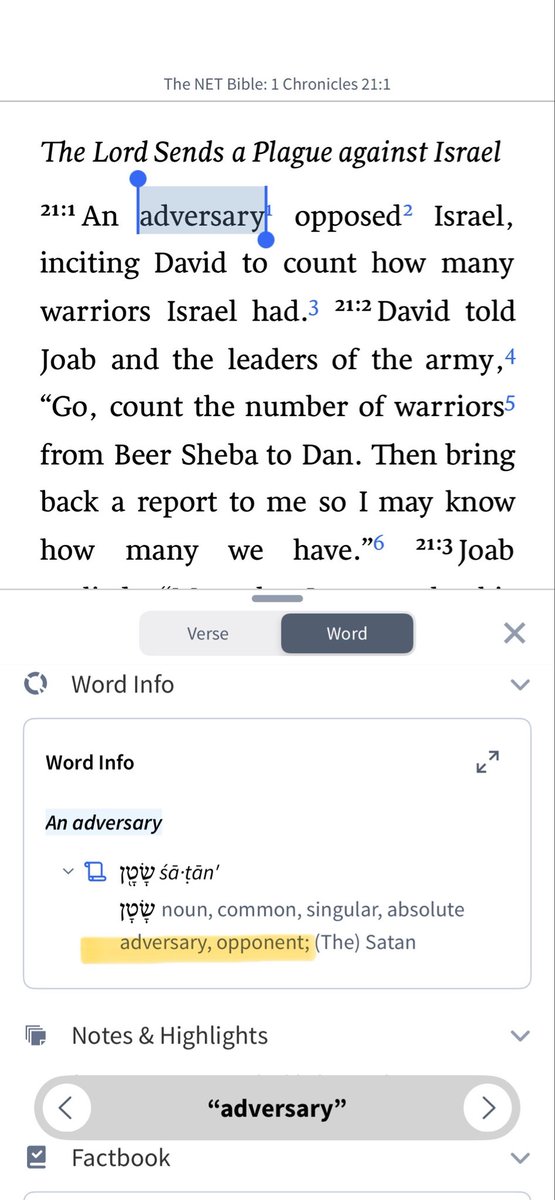 leahtrell's tweet photo. No. The opposite. You are relying on external interpretation. You are not following the text. The text DOES NOT have an article. It is not talking about the Satan figure. It just means an adversary. YHWH could be acting in an adversarial position or an adversarial nation could have provoked David. 

Either way, this text isn’t some gotcha so gnostics can find it thousands of years later to prove YHWH is Satan.