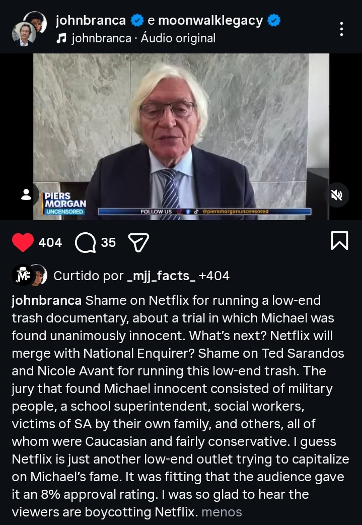 mjfriends_'s tweet photo. 🚨John Branca via instagram: Shame on Netflix for running a low-end trash documentary, about a trial in which Michael was found unanimously innocent. What's next? Netflix will merge with National Enquirer? Shame on Ted Sarandos and Nicole Avant for running this low-end trash. The jury that found Michael innocent consisted of military people, a school superintendent, social workers, victims of SA by their own family, and others, all of whom were Caucasian and fairly conservative. I guess Netflix is just another low-end outlet trying to capitalize on Michael's fame. It was fitting that the audience gave it an 8% approval rating. I was so glad to hear the viewers are boycotting Netflix.