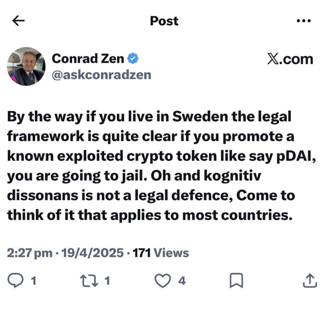 yourfriendSOMMI's tweet photo. ❤️💛💚💙

Condom Zen has 1.1 Billion $HEX to sell.

Why does he have huge supply?

👉🏼 Because he inserted 100 Bitcoin value at the start, like a nutjob.
That’s worth $6 million today.
Imagine you put $6m into a random Altcoin which hit the Moonshot?

🐳 Condom Zen put in $1m into HEX and got “Uber Whale” size.

So why is this Condom selling now?
👉🏼 He’s 70 years old
👉🏼 Waited 7 years
👉🏼 He’s a Condom

Fate loves irony. He called for pDAI buyers to go to jail (see pic).

🎩 Richard Heart did the right move by not using Sac Funds to buy early. He would have been completely dumped on by these guys who exit ASAP.
✅ He did the optimal play

💧 Liquidity is thin. I’m glad. Big Sellers pay huge slippage to leave. Like they are now.
Better down here, then higher, as they cap everyone.

⚔️ Strategy
- I don’t know if these people will sell everything.
Remember they are also thinking “Bear Market Confirmed” too.
- Eventually, sellers get exhausted from selling.
But for that to show any promise, you would definitely need to see Bitcoin over $100k, and Ethereum over $5000.

🩹 Pay attention: This is why its CRITICAL to not let supply get into just anyones hands.
Some coins have done Biblical Shakeouts to eradicate the weak.
And now you see why.

🟨 Obviously there is some light at the end of the tunnel, but we don’t know when.

Whats your plan?

🥄 Spoony Wielders got $10 and a dream 😁