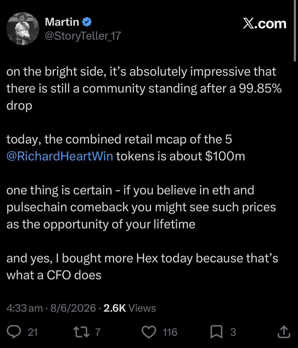 yourfriendSOMMI's tweet photo. ❤️💛💚💙

Condom Zen has 1.1 Billion $HEX to sell.

Why does he have huge supply?

👉🏼 Because he inserted 100 Bitcoin value at the start, like a nutjob.
That’s worth $6 million today.
Imagine you put $6m into a random Altcoin which hit the Moonshot?

🐳 Condom Zen put in $1m into HEX and got “Uber Whale” size.

So why is this Condom selling now?
👉🏼 He’s 70 years old
👉🏼 Waited 7 years
👉🏼 He’s a Condom

Fate loves irony. He called for pDAI buyers to go to jail (see pic).

🎩 Richard Heart did the right move by not using Sac Funds to buy early. He would have been completely dumped on by these guys who exit ASAP.
✅ He did the optimal play

💧 Liquidity is thin. I’m glad. Big Sellers pay huge slippage to leave. Like they are now.
Better down here, then higher, as they cap everyone.

⚔️ Strategy
- I don’t know if these people will sell everything.
Remember they are also thinking “Bear Market Confirmed” too.
- Eventually, sellers get exhausted from selling.
But for that to show any promise, you would definitely need to see Bitcoin over $100k, and Ethereum over $5000.

🩹 Pay attention: This is why its CRITICAL to not let supply get into just anyones hands.
Some coins have done Biblical Shakeouts to eradicate the weak.
And now you see why.

🟨 Obviously there is some light at the end of the tunnel, but we don’t know when.

Whats your plan?

🥄 Spoony Wielders got $10 and a dream 😁