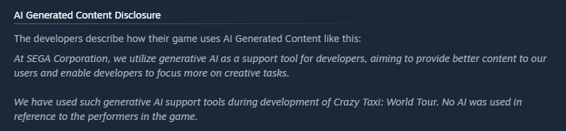 SudoTaiko's tweet photo. I was so hype for Crazy Taxi until they showed this on the Steam page. Why tf is it so vague about how they used AI?? https://t.co/tltlmsK2Nd