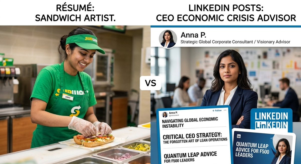 AliTorabiAT's tweet photo. From Footlongs to Fortune 500 🥖📈
By day, she’s mastering the high-stakes architecture of a spicy Italian sub. By night, she’s on LinkedIn dropping macro-economic truth bombs. 💼✨
#SandwichArtist #LinkedInInfluencer #CEOEnergy https://t.co/DaZbJ01pRd