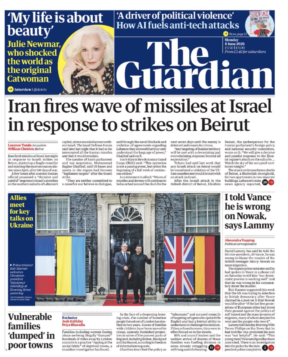 sentinelcurrent's tweet photo. The Guardian
Iran launches missile barrage at Israel following Beirut airstrikes.
Monday 8 June 2026
A look at #TomorrowsPapersToday https://t.co/XXQfC8CSZW