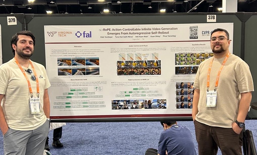 PINguAR's tweet photo. My amazing PhD students Hidir @d_yesiltepe and Tuna @tunahansalih are presenting ∞-RoPE at poster #378 right now!  This marks the 4th paper GEMLAB presented at #CVPR 2026, get a full overview of this work and others at: https://t.co/To0i22tYog @CVPR https://t.co/zgAVJOif4b