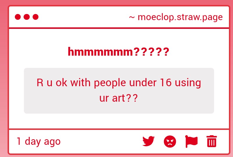 gimpstuck's tweet photo. absolutely not. please do not keep up with my art or use my art or follow me or talk to me if you are under 16. https://t.co/qjTwKHmbUy