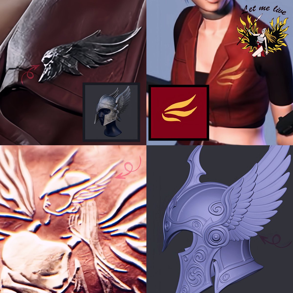 fashionsclaire's tweet photo. claire’s brooch in RE:V is a valkyrie helmet or an angel wing? 

claire’s original jacket symbol had dual meanings: wings and flames. the new design can keep this concept: a valkyrie helmet that also incorporates wings, preserving claire's symbolism since her first appearance. https://t.co/dcxDeYkdzs