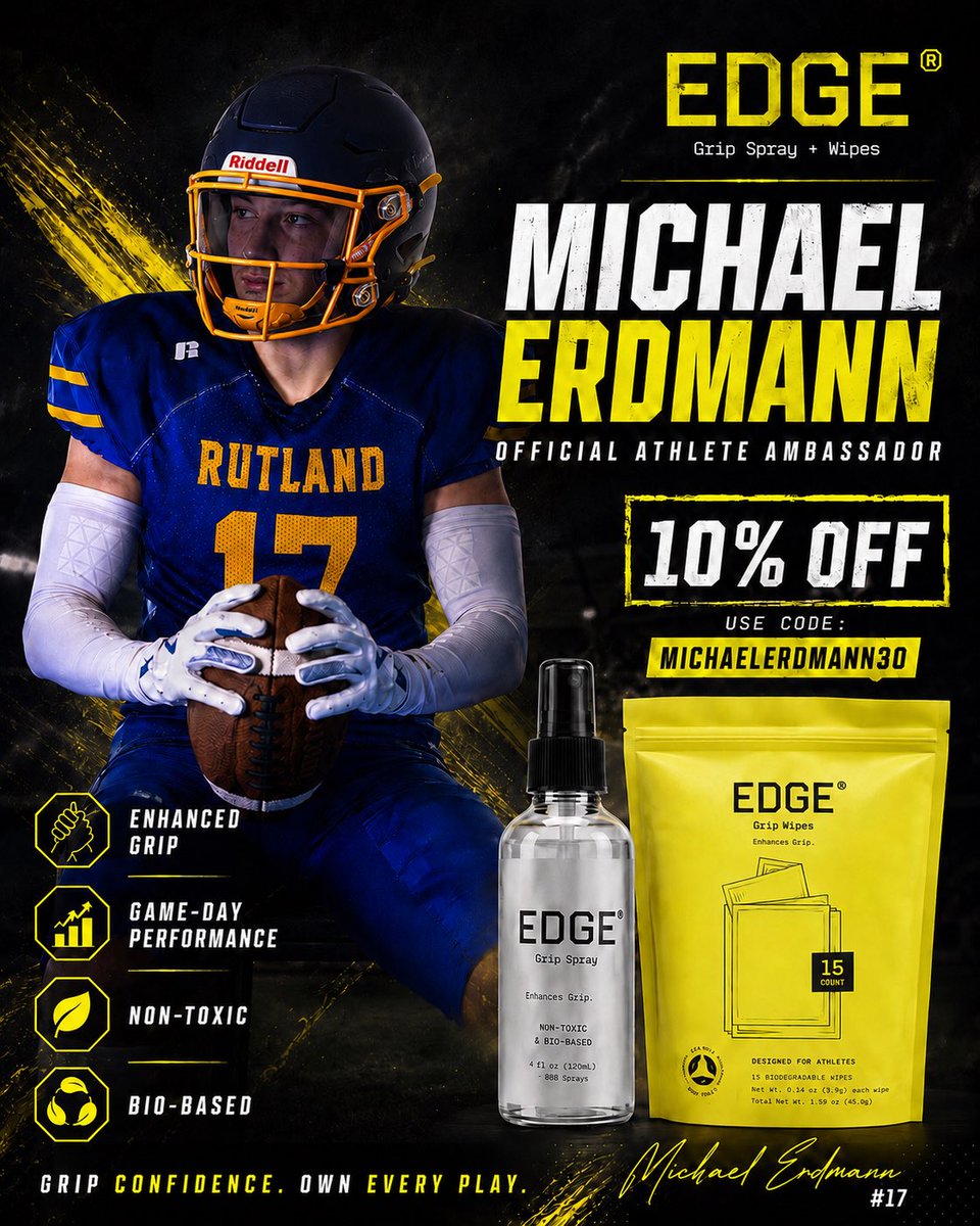 michael3erdmann's tweet photo. Fired up to announce I’ve joined EDGE as an official athlete ambassador. @edgespray 

As a DB/WR, grip matters every single day. Whether I’m catching passes, doing route work, training defensive back drills, or getting ready for game day, I need my gloves feeling right.

EDGE makes grip spray and wipes designed for athletes who want better grip and more confidence when they compete. I’m excited to use it through football training, camps, practices, and games.

Use my code for 10% off:

Discount code:
MICHAELERDMANN30

Shop through my link:
https://t.co/ogQPVM4zqR

Please use both my link and code when ordering so I get credit.

Every order helps support my football journey, including training, camps, travel, gear, recovery, and recruiting expenses.

Thank you to EDGE for the opportunity, and thank you to everyone who supports me.

As an EDGE athlete ambassador, I earn from qualifying purchases.

#edgespray #dblife #footballjourney