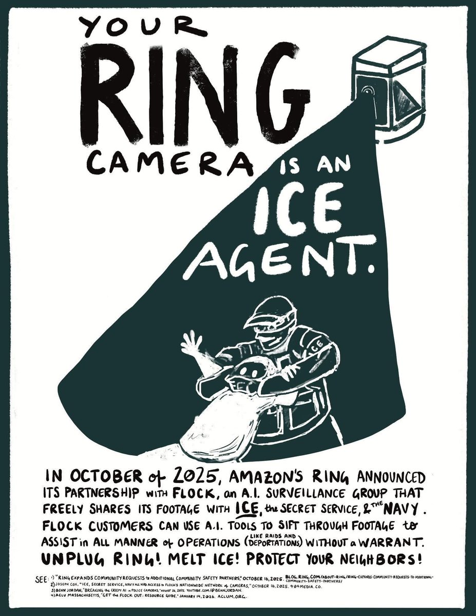 N_Y_C_P_R's tweet photo. Reminder to everyone that your Ring camera is an ICE agent! When you use one of these, you are helping the fascist border regime with crowdsourced surveillance of your own community.

UNPLUG RING! MELT ICE! PROTECT YOUR NEIGHBORS! https://t.co/58Qud9bjGT