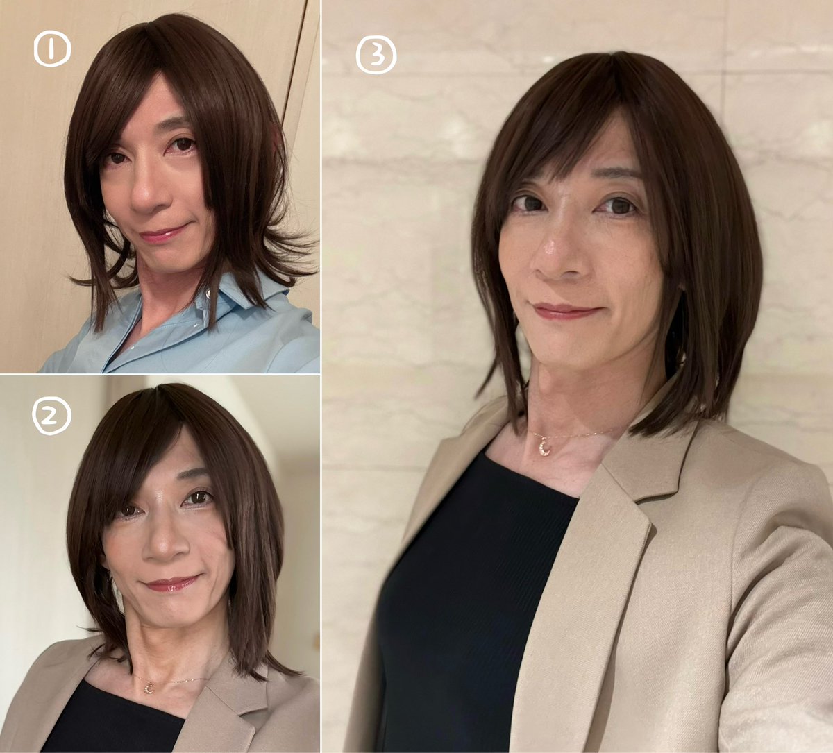 yu_3tsuki's tweet photo. ①ソフトウルフのウィッグを購入。頭のサイズは女性より大きいので、長めを買ってちょうど良いショートになる。ウルフカットなのに外ハネ😅頭が大きい証拠w
②ストレートアイロンでハネを落ち着かせる。
③ステキにカットしてもらい、スッキリかわいくしてもらいました😊 https://t.co/FyRBErCB5o